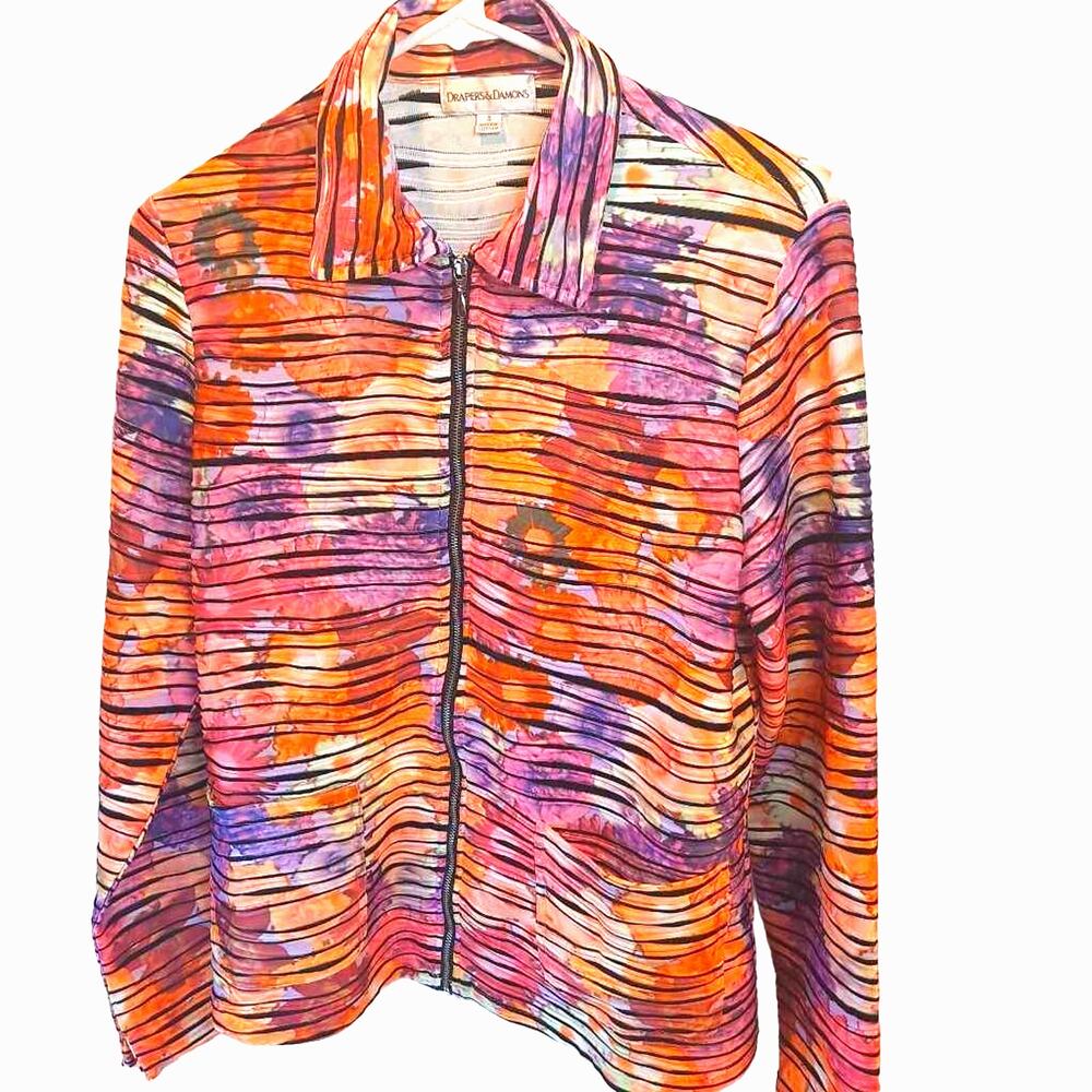 Drapers & Damons Women's Jacket Multicolor Floral Zip Stretch Pockets Collar S